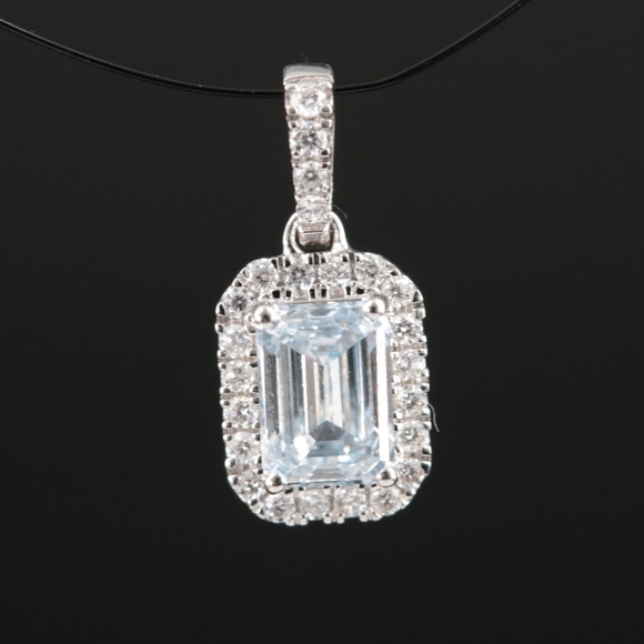 14K White Gold LAB CREATED Emerald Cut Blue Diamond Pendant - Picture 1 of 12